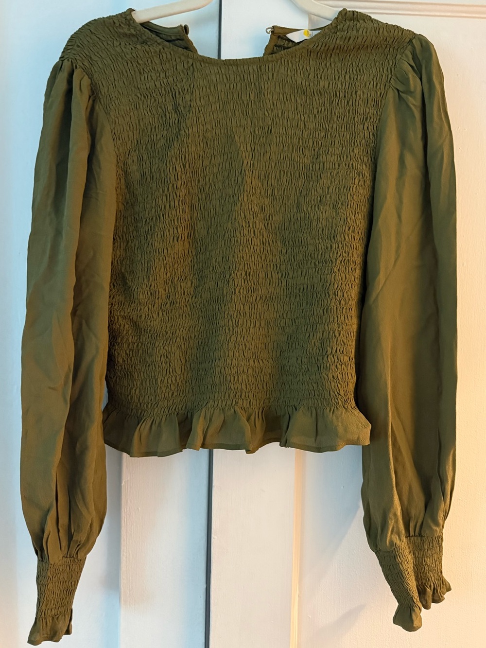 Boden Olive Green Smocked Ruffle-Hem Blouse